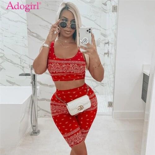 Adogirl Fashion Print Two Piece Set Cropped Tank Vest Top Skinny Shorts Women Tracksuit 2020 Summer Fashion Casual Sporty Suits