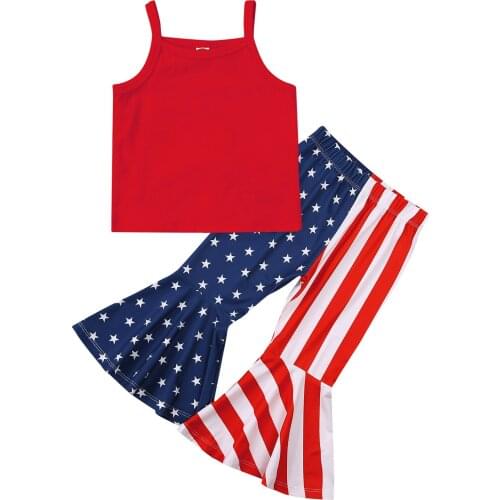 Citgeett Summer Independence Day Outfits Kids Baby Girl Solid Strap Top + Star & Stripe Print Flared Pants Clothes Set