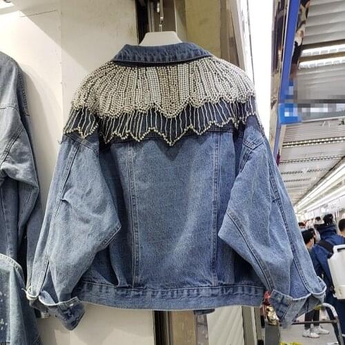 Fashion Womens New Turn-Down Collar Single Breasted Pockets Loose Denim Jackets Beading Diamonds Korean Style Casual Coat