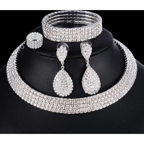 Wedding Jewelry Silver Color Rhinestone Earrings Bracelet Ring Set Bridesmaid Jewelry Sets for Women Layered Choker Necklace