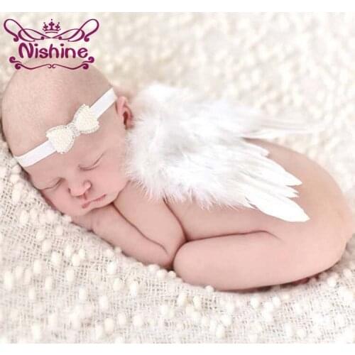 Nishine Newborn Angel Feather Wing With Pearl Bow Headband Kids Children Newborn Photography Props Decoration Accessories
