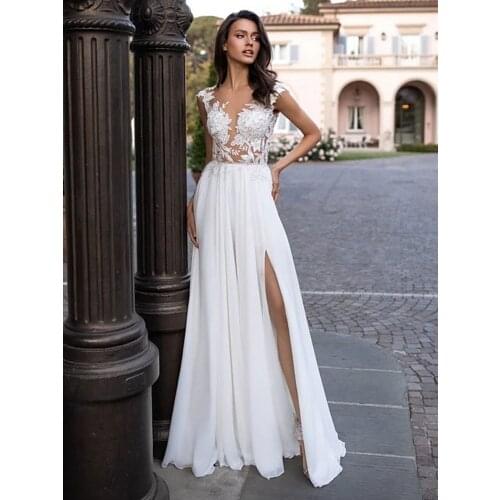 European And American New Lace Sleeveless Bridal Gown With Slit Sexy Tulle And Round Neck Lace Lace Engagement Dress