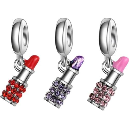 New Fashion Rhinestone Lipstick Pendant DIY Beads Suitable for Original Pandora Charm Bracelet Ladies Jewelry Making Gifts
