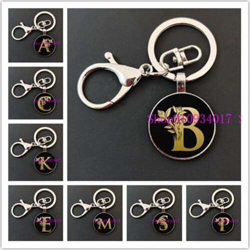 DIY charm golden letter teachers day gift round glass keychain new simple black A-Z letter pattern glass cabochon keychain