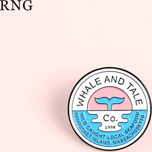 Blue and pink round engraved seal for wildlife conservation whale creative metal pin white and tale personality clothing Brooch