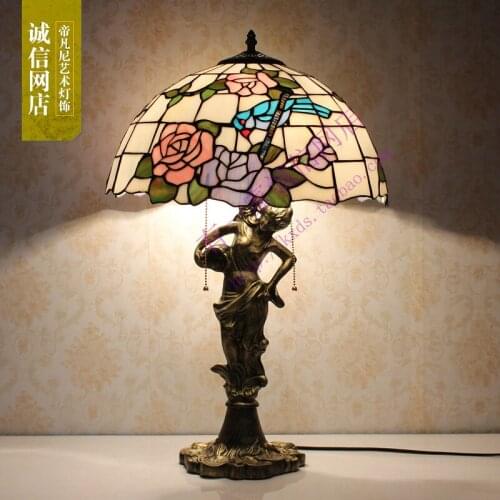 16inch Fashion Tiffany Beauty Dragonfly rose flower stained glass Table lamp for Living Room Bedroom Lamp E27 110-240V