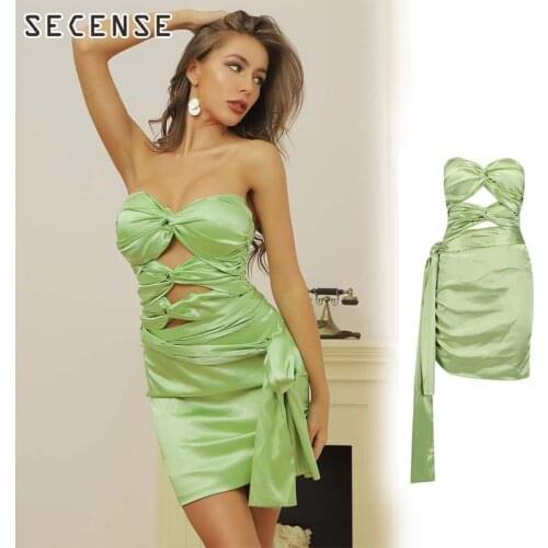 Tube Top Satin Dress Hollow Out Green Solid Color Lace Up Mini Bodycon Dresses Sexy Party Club Summer Women Clothing SECENSE