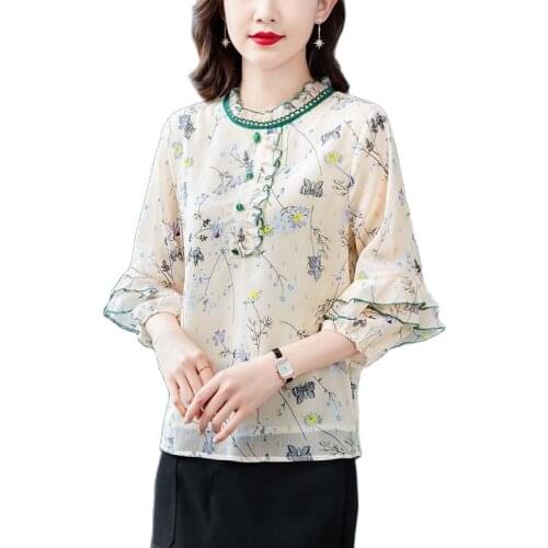 High-End Temperament Chiffon Women Summer Shirts Casual Loose Print Ruffle Collar Half Sleeve Blouses Buttons Top Blusas MM1006