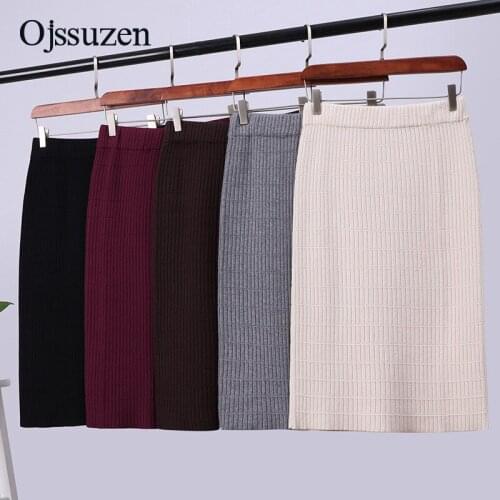 Elastic High Waist Knitted Skirt Women Autumn Winter Slim Official Ladies Wear Skirts Casual Basic Grey Burgundy Black Apricot
