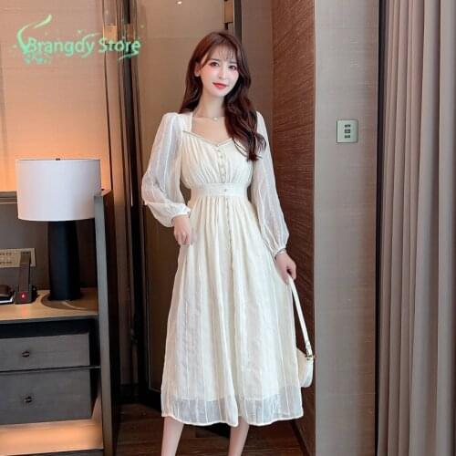 Clothes for Women 2021 Elegant Korean Fashion Designer Fairy Rettro White Harajuku Classic Aesthetic Long Sleeve Dress Sukienka