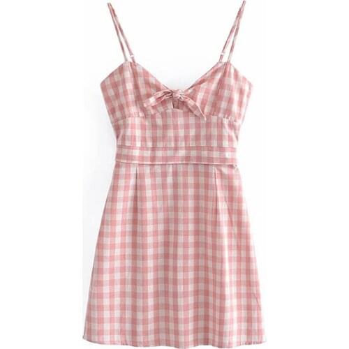 YENKYE French Style Vintage Plaid Sexy Sling Dress Women Knot V Neck Sleeveless A-line Mini Dress Summer Vestido
