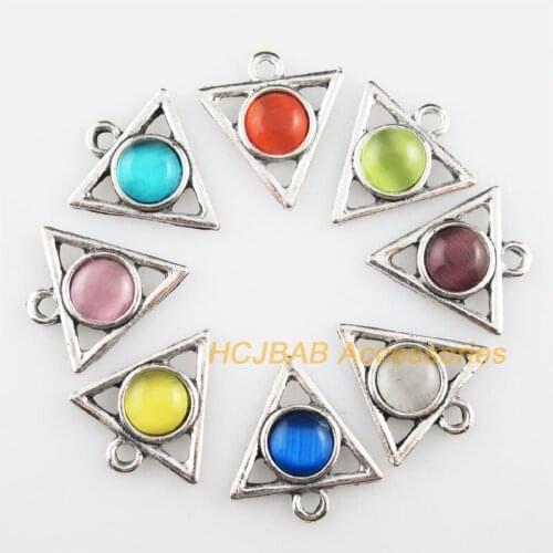 16 New Triangle Charms Tibetan Silver Stone Mixed Connectors 19.5x21.5mm