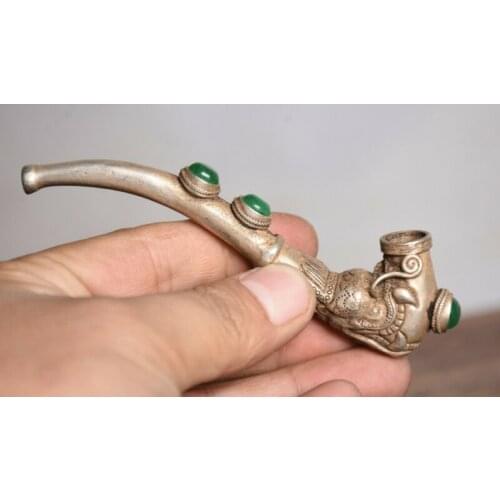 4.4" Old Chinese Silver Inlay Green Jade Dynasty Dragon Head tobacco pipe