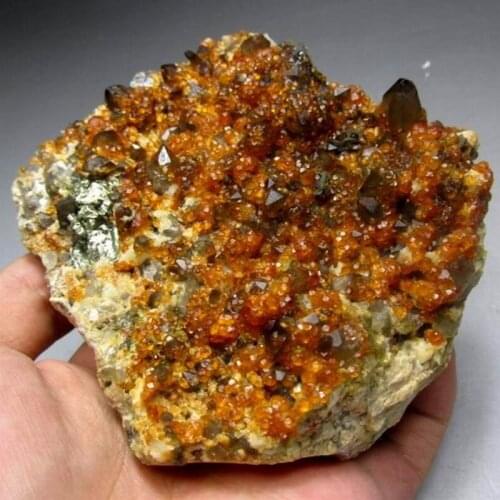 436g Spessartine Garnet+Smoky Quartz - crystals and stones healing Mineral specimen Home Decor feng shui decoration