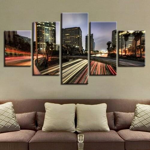 5 Panel City Building Night View Canvas HD Printed Modern Living Room Frame Painting Wall Art Modular Poster Home Decor Pictures