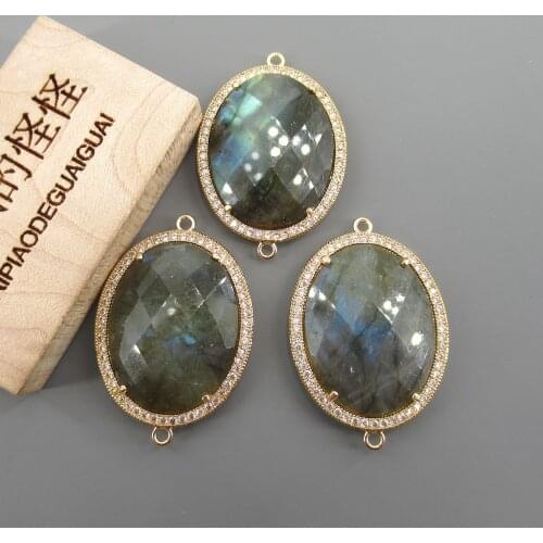 APDGG 5 PCS Oval Faceted Labradorite 25x28mm Cz Gold Plated Edge Double Bail Connector DIY