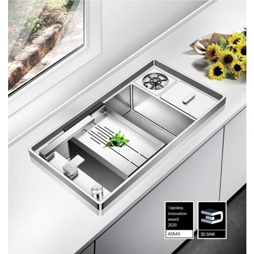 ASRAS-8043W 3D Surrounding Kitchen Sink with Glass Rinser 304 Stainless Steel Handmade Sink Set with Lifting Faucet