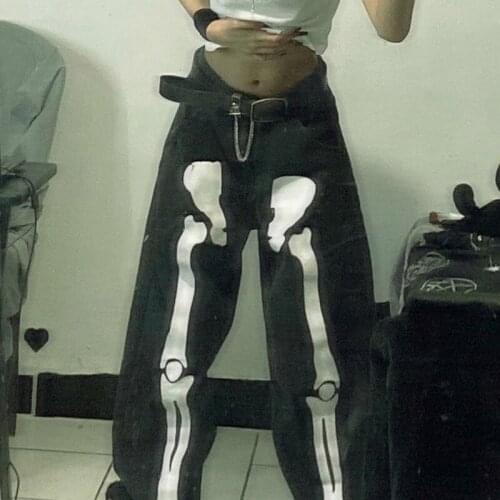 Skulls Printed Goth Baggy Wide Leg Jeans Women Low Waist Cargo Pants Dark Academic Techwear Punk Style Denim Trousers