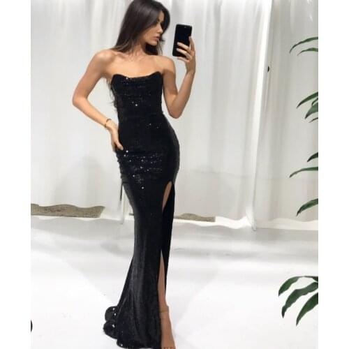 Elegant Sequined Long Sleeveless Black Evening Dresses with Slit Mermaid Corset Back Abendkleider Robes De Soirée for Women