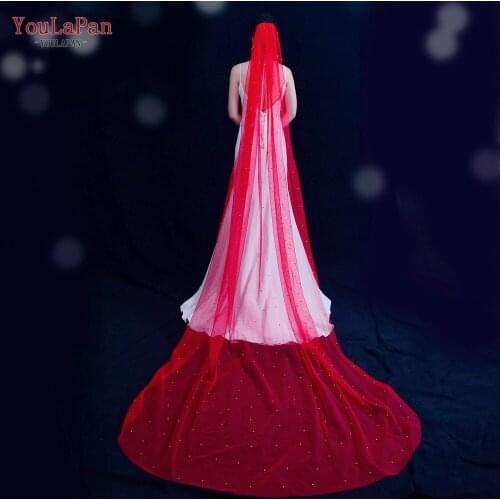 YouLaPan V89 Cathedral Veil Bride 5 Meters Veil for Bachelorette Party Red Tulle with Pearls Beaded Wedding Veil Dress Veil