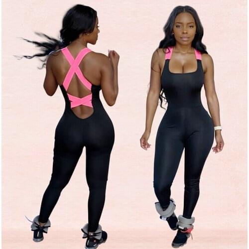 Patchwork Backless Jumpsuit Women Fashion Leisure Sports Skinny Tight Back Cross Bandage Romper