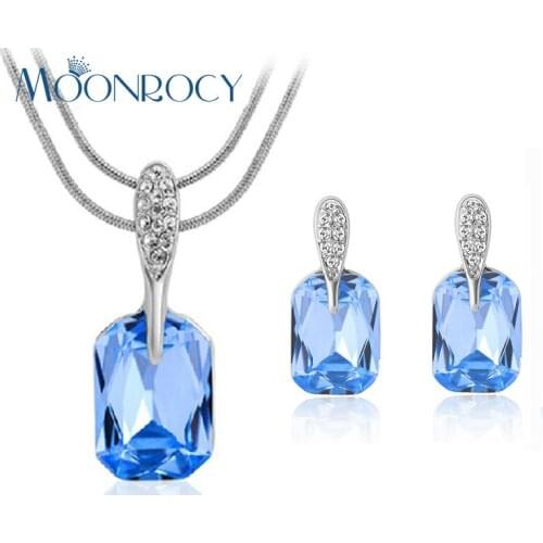 MOONROCY Free Shipping Jewelry Wholesale Cubic Zirconia Blue Crystal Square Necklace and Earrings Jewelry Set for Women Gift