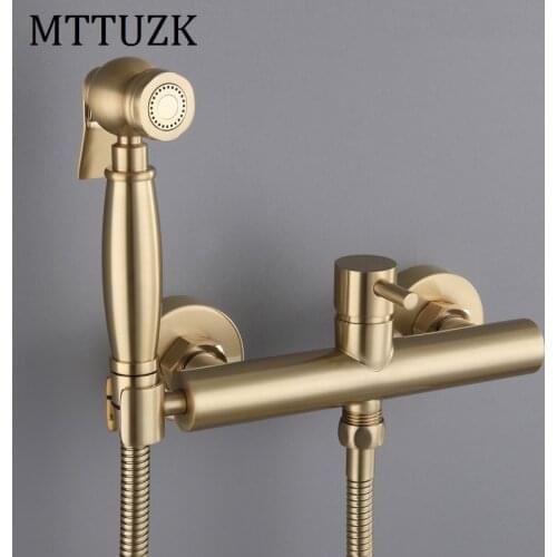MTTUZK Solid Brass Brushed Gold Toilet Spray Gun Bidet Shower Set Hot and Cold Water Bidet Mixer Handheld Bidet Faucet