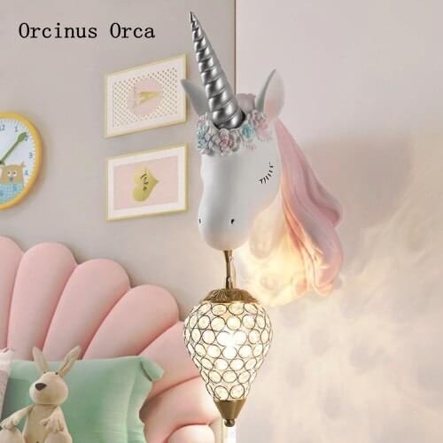 Cartoon creative Unicorn wall lamp Girl Bedroom childrens room Princess Room lovely Nordic color pony crystal wall lamp