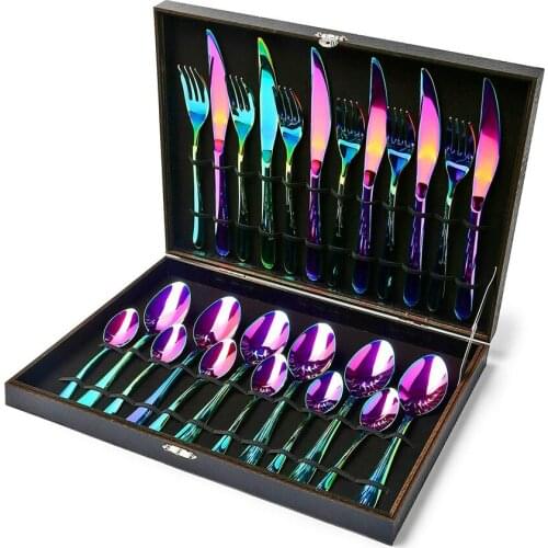 24 PCS Flatware Set Cutlery Stainless Steel Dinnerware Set Rainbow Colorful Silverware Tableware Hotel Party Kitchen Gift Talher