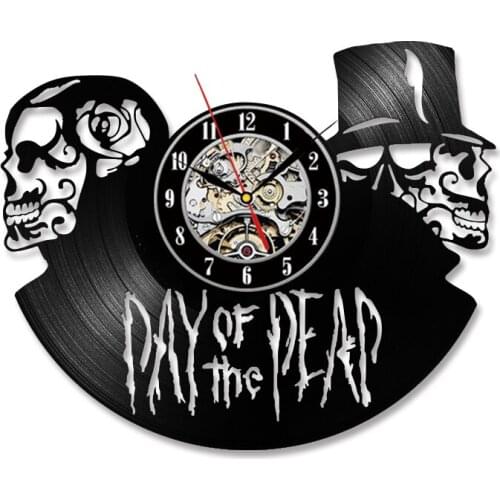 Dia De Muertos Day of the Dead Wall Clock Skulls Vinyl Record Wall Clock Halloween Death Skeletons 3D Hanging Watch Horror Decor