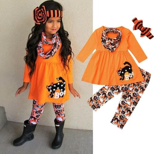 4PCS Halloween Clothes Sets Toddler Baby Girls Autumn Clothes Long Sleeve Skull T-shirt Tops & Leggings Headband Scarf Outfits