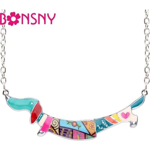 Bonsny Statement Enamel Alloy Jumping Dachshund Dog Necklace Pendant Chain Collar Cartoon Cute Animal Jewelry For Women Girls