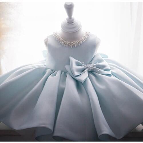 Baby Dress Sleeveless Light Blue Tulle Baptism Dress Bead Newborn Girl 1 Year Birthday Wear Toddler Infant Christening Ball Gown