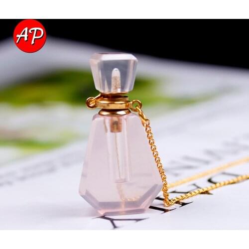 1PC Natural Rose Quartz Pendant Gold Necklace Perfume Bottle Essential Oil Diffuser Vial Pink Crystal Jewelry