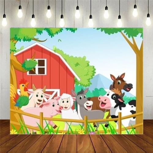 Photo Studio Props Vinyl Photography Backdrop Cartoon Happy Farm Animal Collection Kids Birthday Decoration Customizable Text