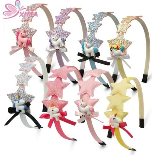 XIMA 8pcs/lot Unicorn Party Hairband Glitter Stars Hair Band Cartoon Unicorn Headband Princess Hair Hoop Girls Hair Accessories