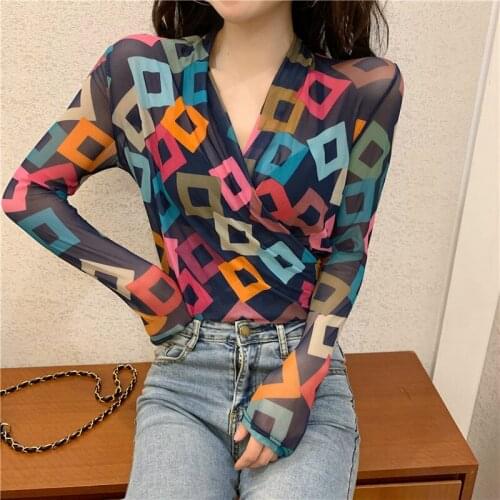 Sexy retro gentle temperament Slim 2019 new spring micro-transparent V-neck long-sleeved mesh yarn pullover shirt women