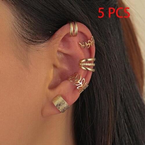5pcs Trendy Gold Star Leaves Non-Piercing Ear Clip Earrings for Women Simple Fake Cartilage Ear Cuff Jewelry Clip Accessories