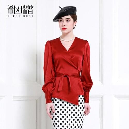 Heavyweight Silk Shirt Femininity Lantern Sleeve V-Neck Silk Shirt Lace Up Waist In 2021 Summer