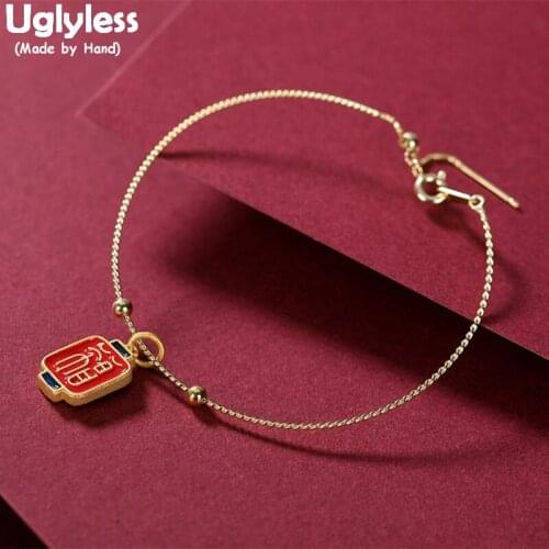 Uglyless Enamel Chinese FU lantern Charms Bracelets for Women Super Thin 925 Silver Bracelets Silicone Ball Adjustable Chains