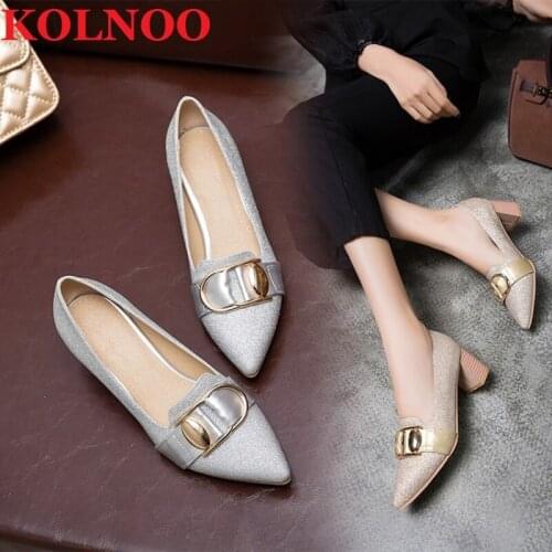 KOLNOO New Womens Handmade Thick Heels Pumps Nubuck Slip-On Matel-Buckle Deco Pointed-Toe Large Size US5-15 Fashion Court Shoes