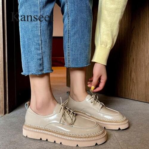 Kanseet Woman Flats Shoes 2021 New Genuien Leather Spring Autumn Round Toe Lace-Up Platform Women Flat Casual Black Shoes