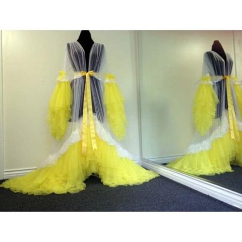 Robe Women Yellow White Pregnant Prom Gowns Tiered robe de soiree Long Puffy Party Dresses Robes Full Sleeves Vestido De Fiesta