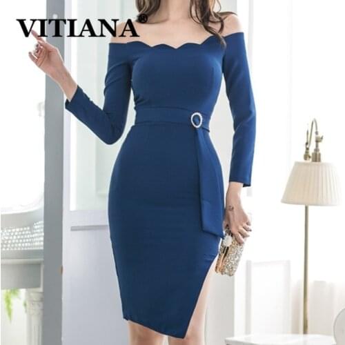VITIANA Women Blue Office Midi Dress For Womens Spring 2020 Female Long Sleeve Strapless Slim Bodycon OL Dresses Femme Vestidos