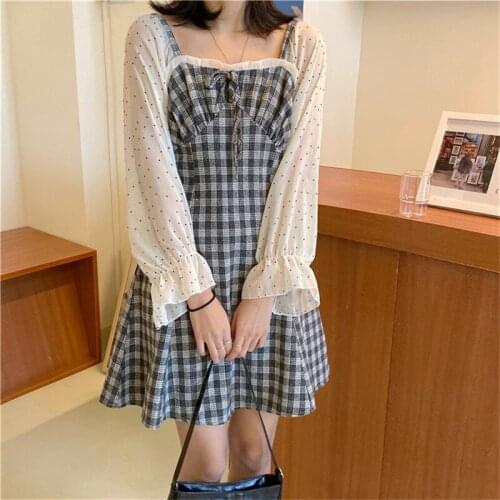 Mori girl Dress 2020 autumn new slim waist A-line plaid dress Korean womens long-sleeved patchwork dresses