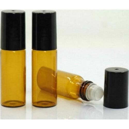 300 x 5ml High Quality Mini Amber Glass Roll on Bottle With Black/Gold Plastic Lids Glass Ball