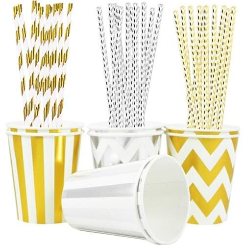 45Pcs/set Gold Silver Party Disposable Tableware Paper Cups Straws Wedding Birthday Decoration Baby Shower Party Supplies