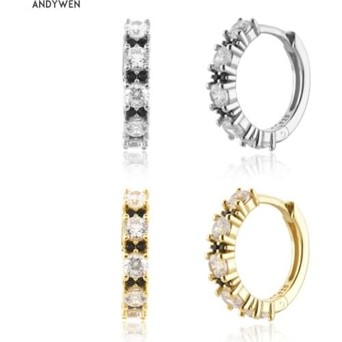 ANDYWEN 925 Sterling Silver Gold Clear Zircon CZ Black Crystal Huggies Hoops Piercing Pendiente Party Luxury Jewelry Clips