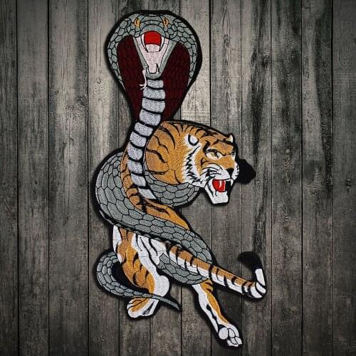 Large Tiger with Snake Embroidery Fabric Patches Sticker Iron On Applique Patches Garment Decoration Sewing Accessories