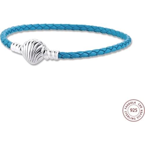 CKK 925 Sterling Silver Seashell Clasp Turquoise Braided Leather Bracelets for Women Men Fine Jewelry DIY Bracelet Femme Bijoux